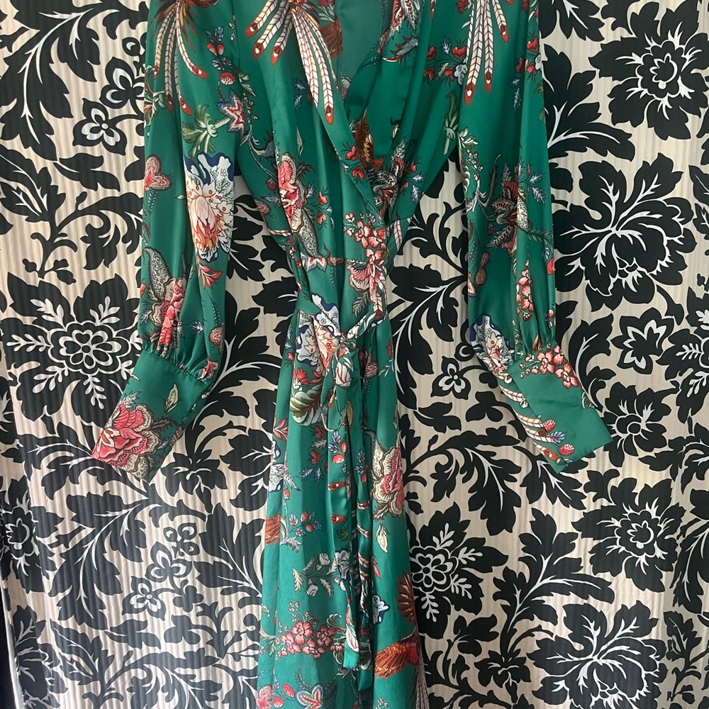 Mango Emerald Green Floral Wrap Maxi Dress with Pink & Cream Accents